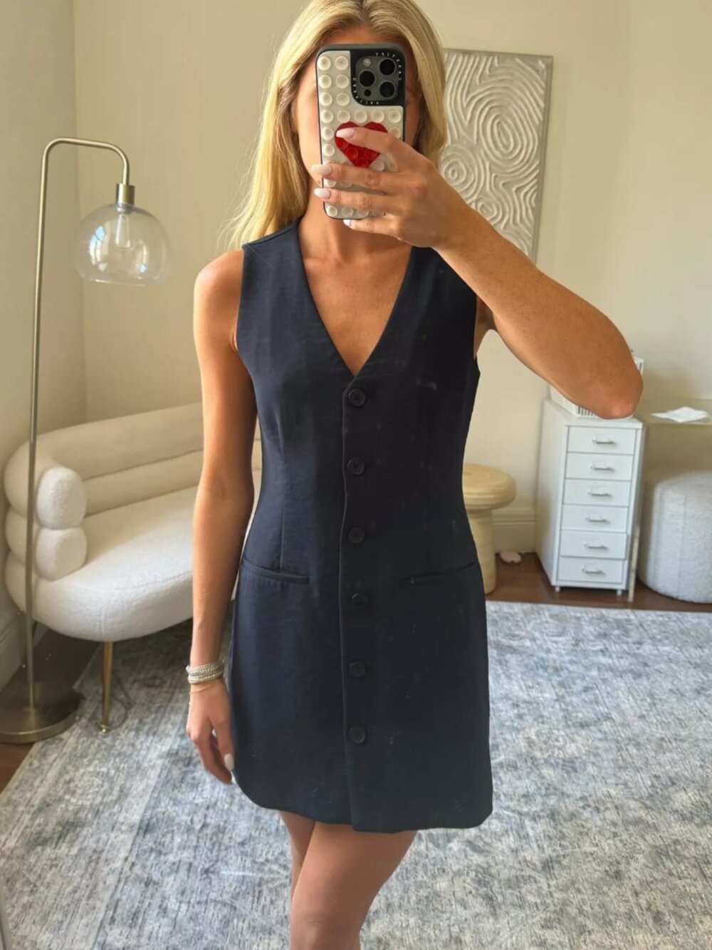 The A&F Mara Linen-Blend Vest Button V-Neck Mini Dress in Black Size XXS